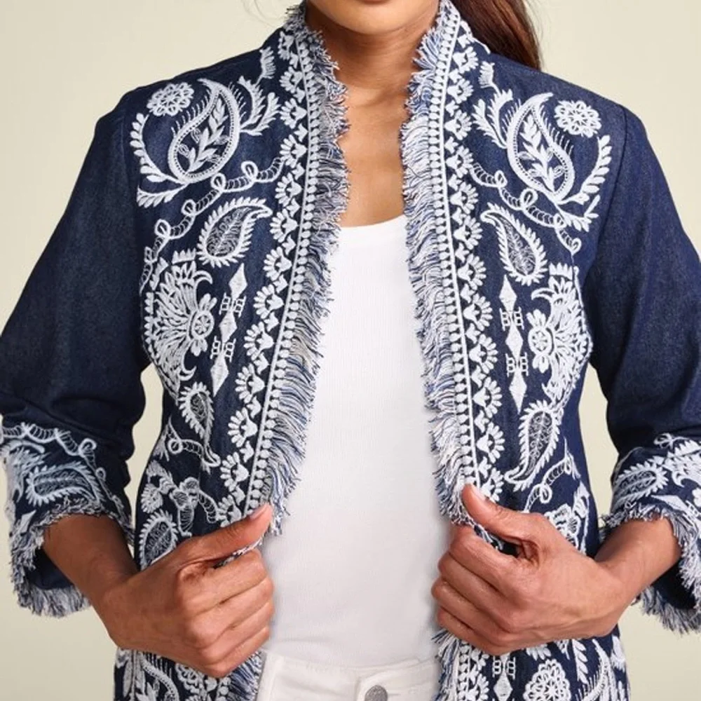 Soft Surroundings Mesaria Jacket Embroidered‎ Dark Denim Open Front Large 2GN81